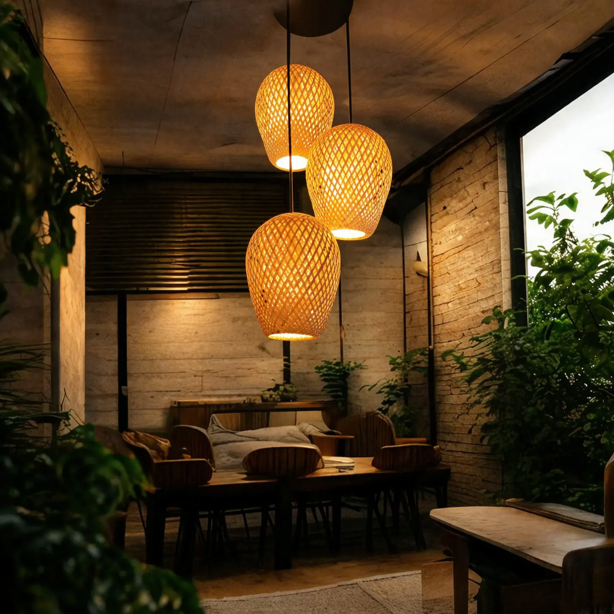 Bamboo Oval Double Layer Hanging Lamp Shade 3 Pcs Set